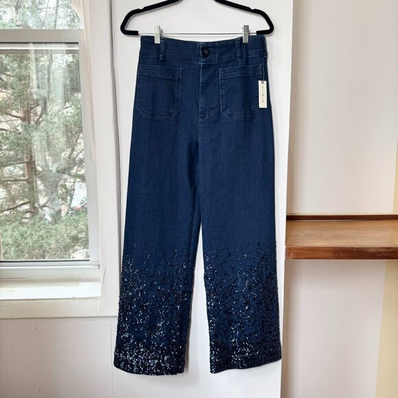 NWT Anthropologie The Colette High Rise Wide Leg Jeans Sequin Sparkle 27T Tall - Picture 5 of 16